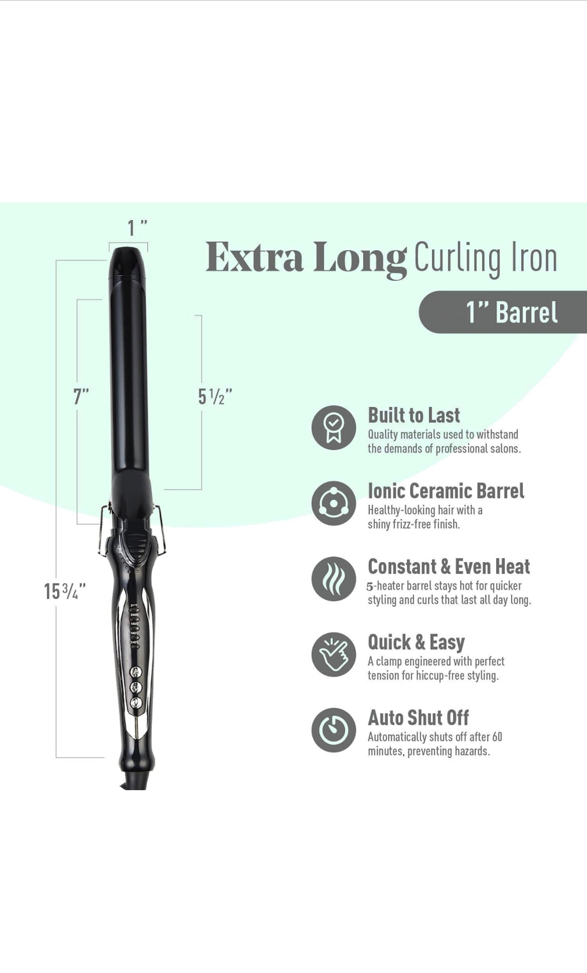 EXTRA LONG TOURMALINE 1 INCH CERAMIC BARREL CLIPPED CURLING IRON