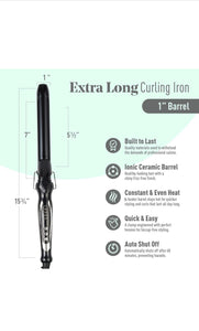EXTRA LONG TOURMALINE 1 INCH CERAMIC BARREL CLIPPED CURLING IRON